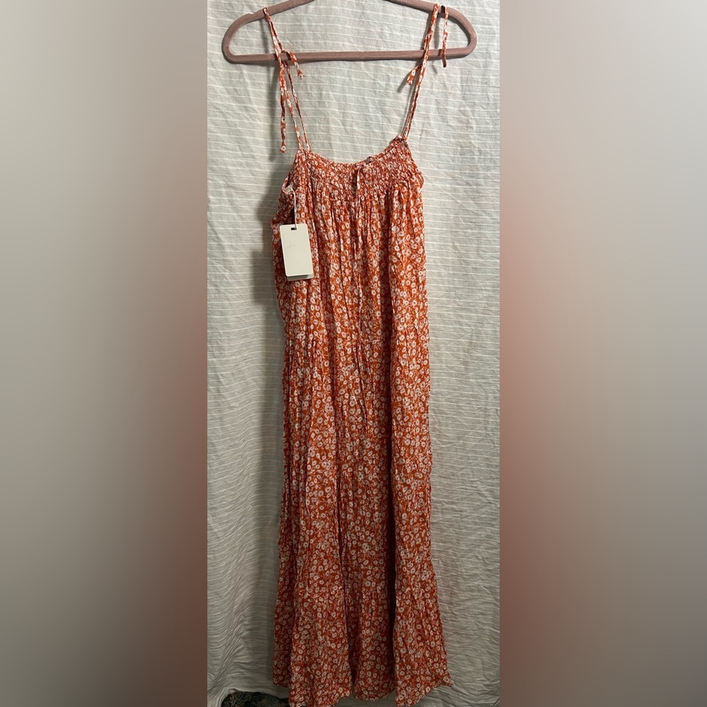 Coer De Vague Orange Floral Spaghetti Strap Casual Maxi Dress Size Large